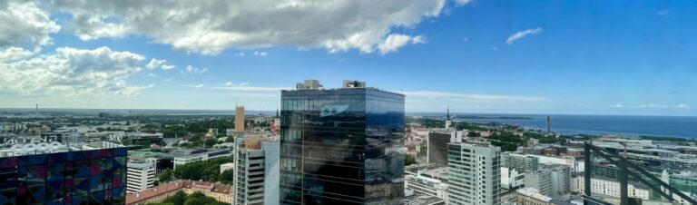 Office blocks and rooftops with the sea on the horizon, seen from a high window
