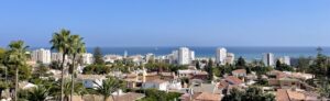Andalusian hillside town of white and terracotta buildings above palm trees, the sea behind