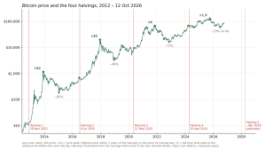 Bitcoin price on a log scale from 2012 to October 2026 with the four halvings marked, the cycle peaks at 92, 30, 8 and 1.9 times the halving price and the falls that followed